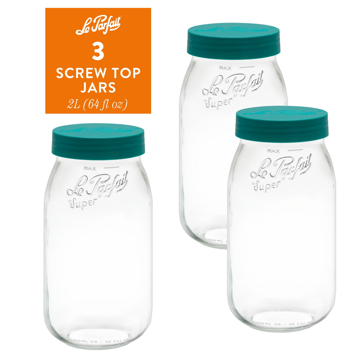 3-pack of Le Parfait Screw Top Jars 2L (64 fl oz) with pine plastic screw lids.