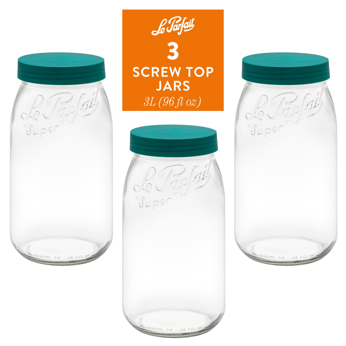 3-pack of Le Parfait Screw Top Jars 3L (96 fl oz) with pine plastic screw lids.