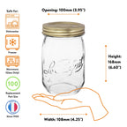 Le Parfait Screw Top Jar 1L size guide with gold canning lid: 100mm opening, 168mm height, 108mm width; dishwasher, freezer, and microwave safe.