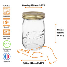 Load image into Gallery viewer, Le Parfait Screw Top Jar 1L size guide with gold canning lid: 100mm opening, 168mm height, 108mm width; dishwasher, freezer, and microwave safe.