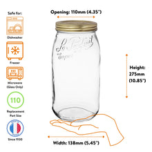 Load image into Gallery viewer, Le Parfait Screw Top Jar 3L size guide with gold canning lid: 110mm opening, 275mm height, 138mm width; dishwasher, freezer, and microwave safe.