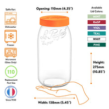 Load image into Gallery viewer, Le Parfait Screw Top Jar feature card - 'FULL Screw Lids, WIDEST Openings' with orange screw-lid jar versus Familia Wiss metal canning lid.