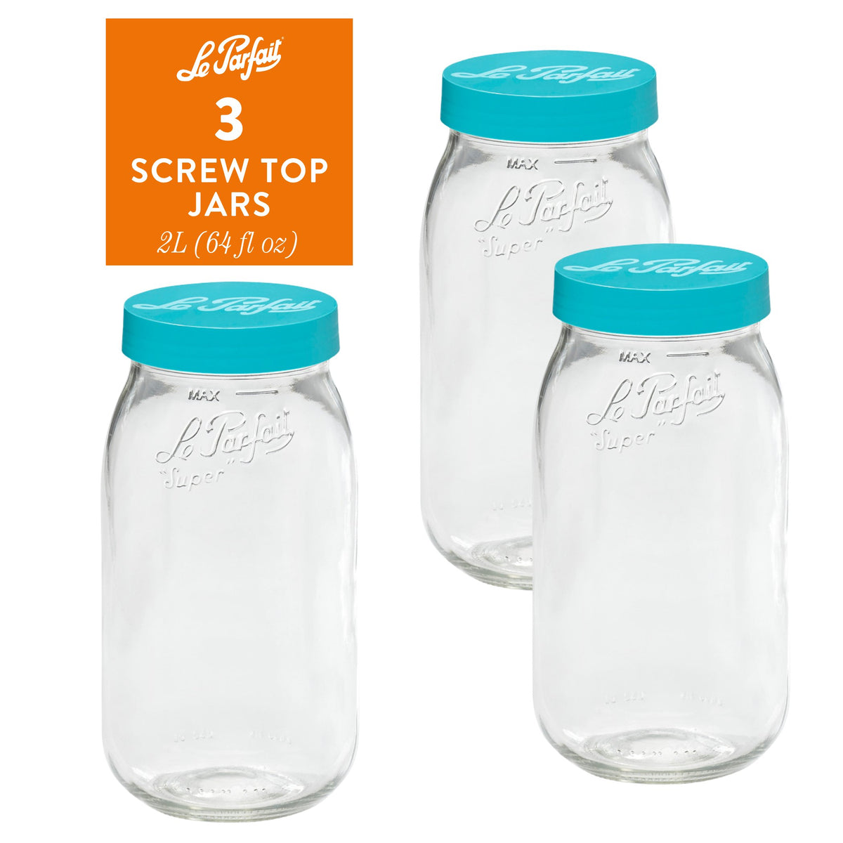 3-pack of Le Parfait Screw Top Jars 2L (64 fl oz) with teal plastic screw lids.