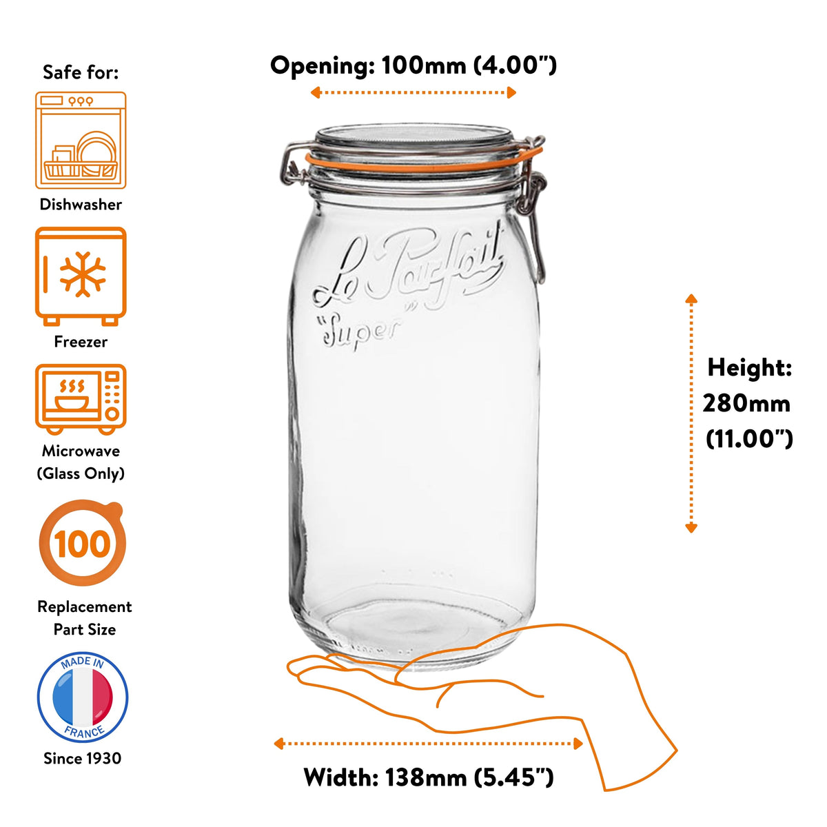 Le Parfait Super Jar 3L size guide: 100mm opening, 280mm height, 138mm width; dishwasher/freezer/microwave safe; size-100 replacement.