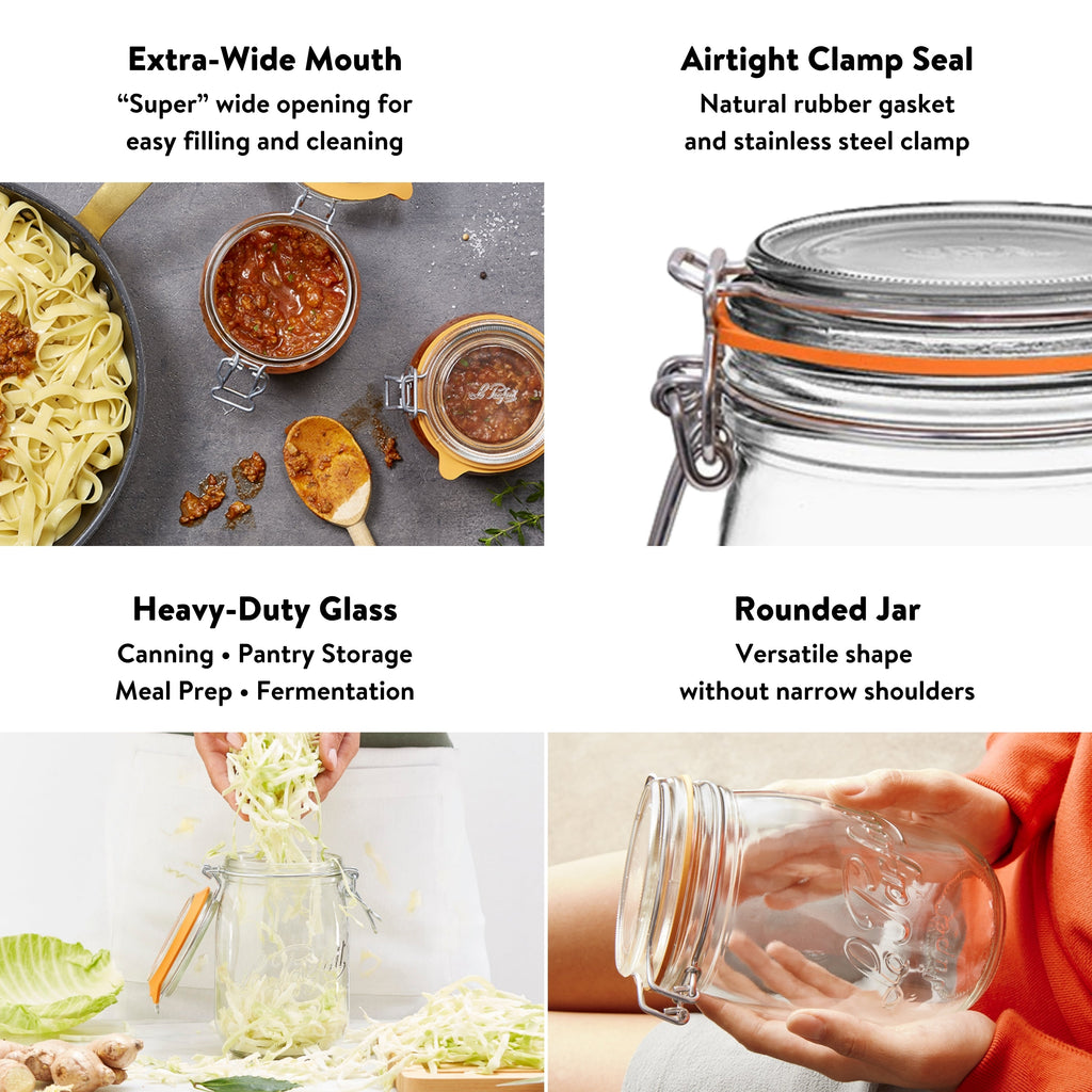 Le Parfait Super Jars feature card - extra-wide mouth, airtight rubber gasket, stainless clamp, heavy-duty glass, rounded straight-sided shape.