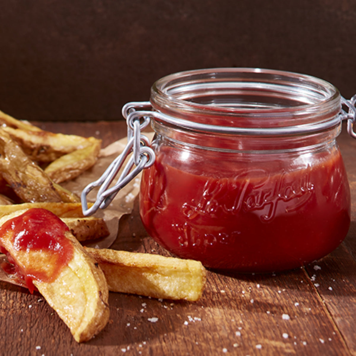 Open Le Parfait Super Jar of homemade ketchup beside hand-cut french fries on a wooden board.