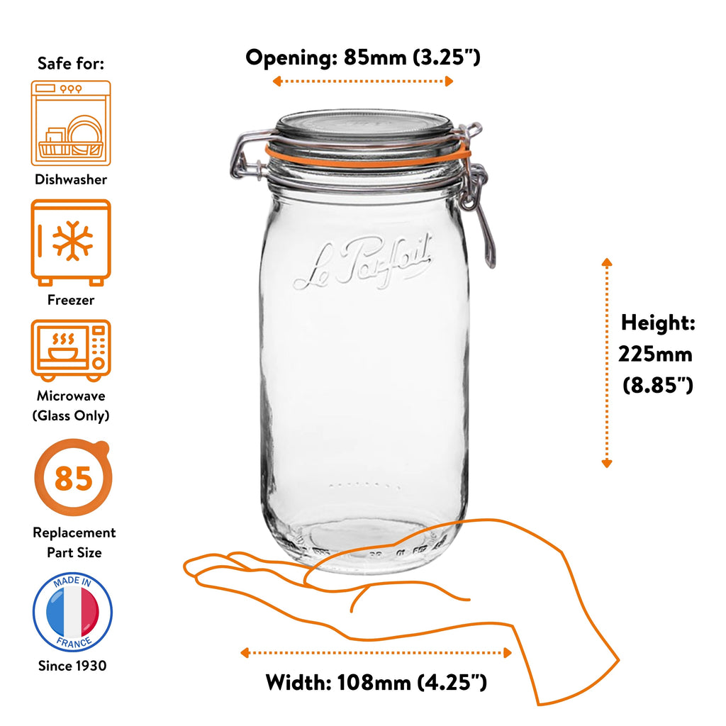 Le Parfait Super Jar 1.5L size guide: 85mm opening, 225mm height, 108mm width; dishwasher/freezer/microwave safe; size-85 replacement.