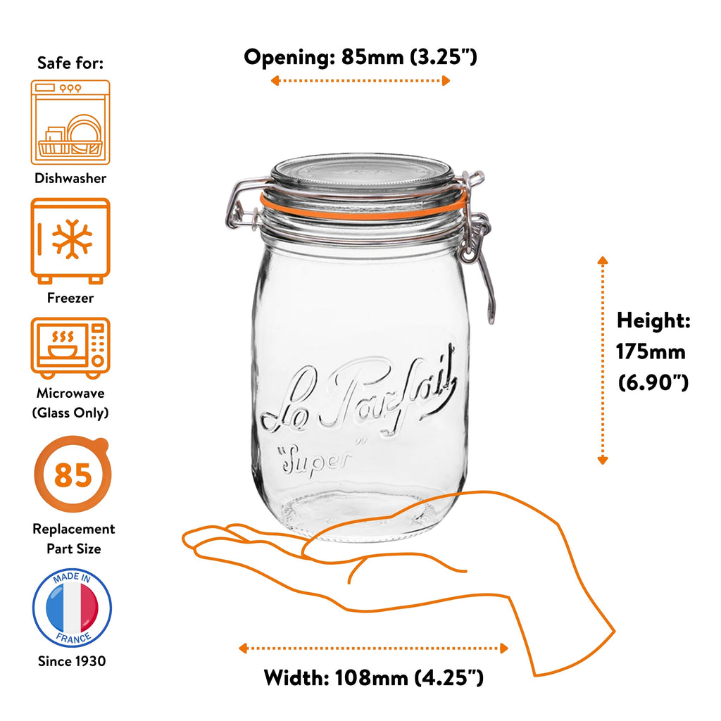 Le Parfait Super Jar 1L size guide: 85mm opening, 175mm height, 108mm width; dishwasher/freezer/microwave safe; size-85 replacement.