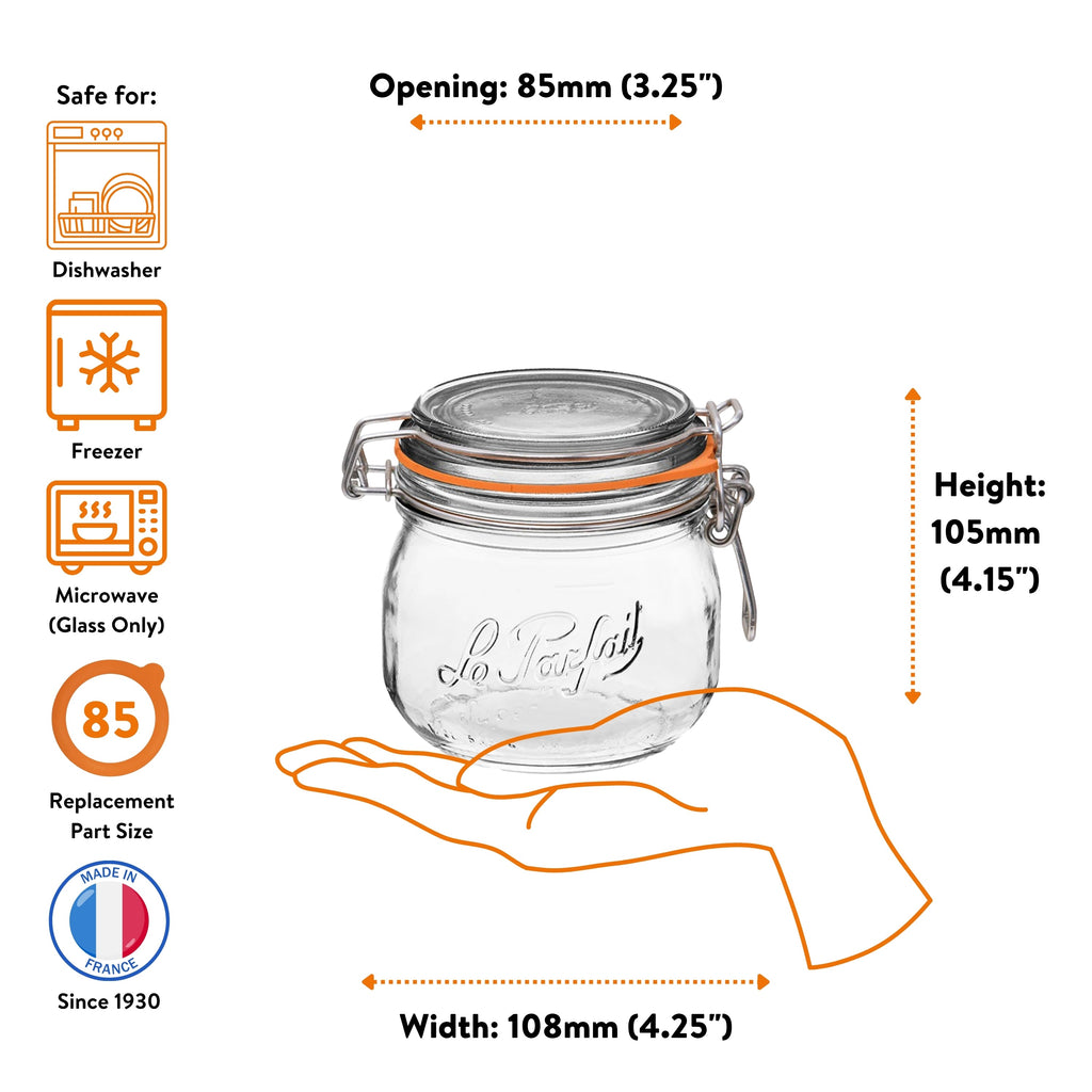Le Parfait Super Jar 500ml size guide: 85mm opening, 105mm height, 108mm width; dishwasher/freezer/microwave safe; size-85 replacement.