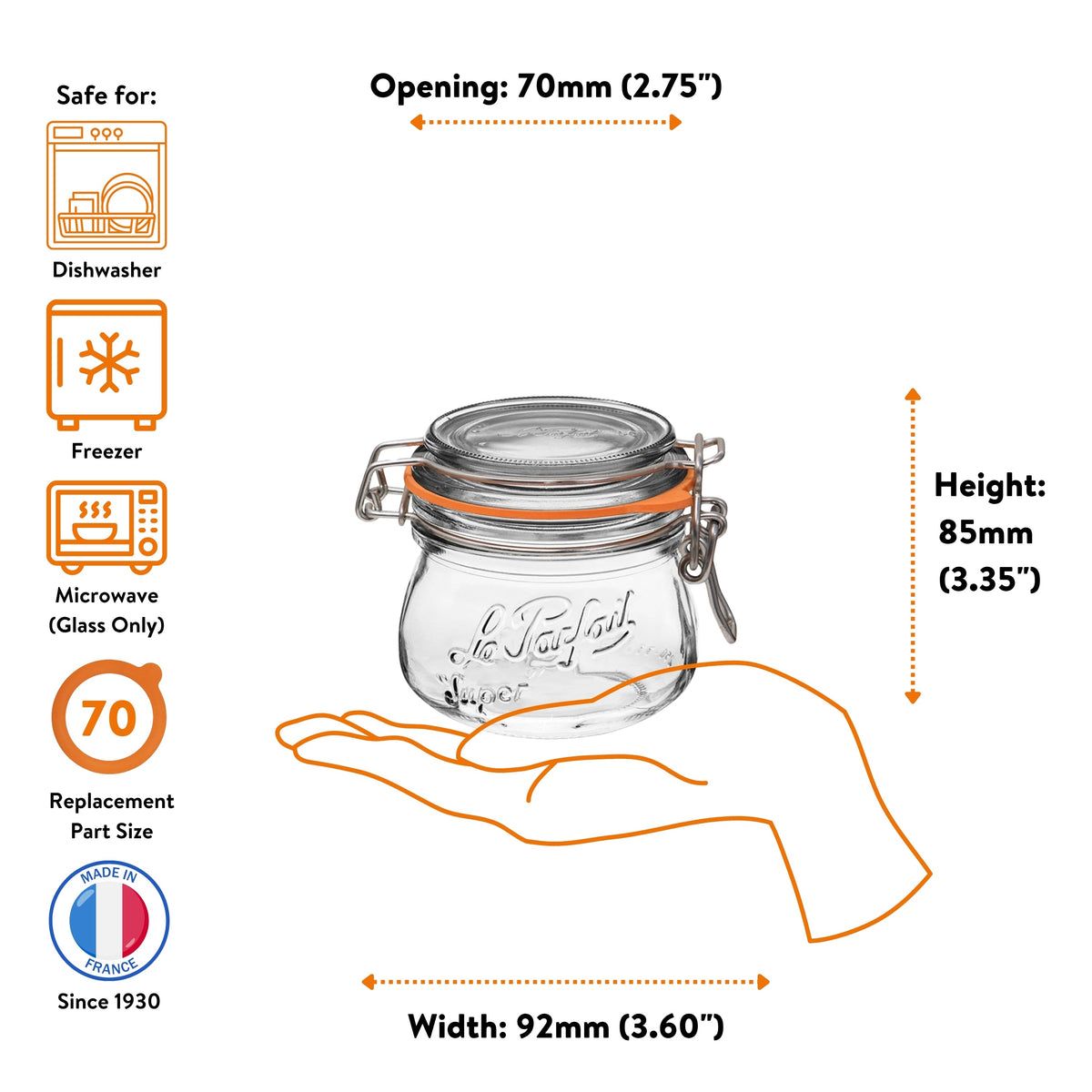 Le Parfait Super Jar 250ml size guide: 70mm opening, 85mm height, 92mm width; dishwasher/freezer/microwave safe; size-70 replacement.
