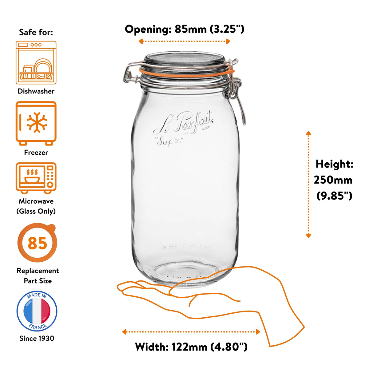 Le Parfait Super Jar 2L size guide: 85mm opening, 250mm height, 122mm width; dishwasher/freezer/microwave safe; size-85 replacement.