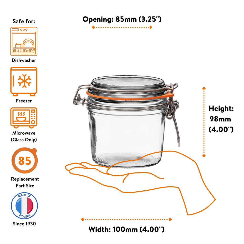 Le Parfait Super Terrine 350ml size guide: 85mm opening, 98mm height, 100mm width; dishwasher/freezer/microwave safe; size-85 replacement.