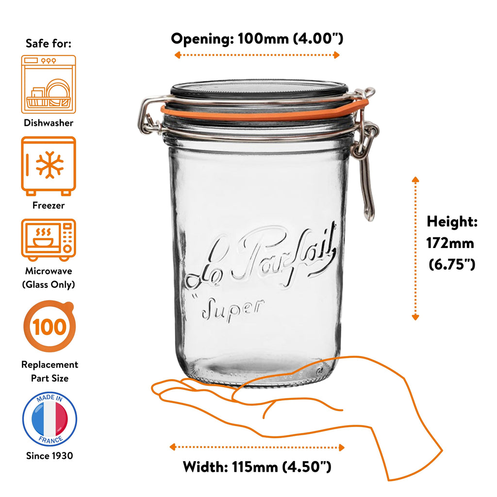 Le Parfait Super Terrine 1000ml size guide: 100mm opening, 172mm height, 115mm width; dishwasher/freezer/microwave safe; size-100 replacement.