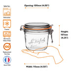 Le Parfait Super Terrine 500ml size guide: 100mm opening, 107mm height, 115mm width; dishwasher/freezer/microwave safe; size-100 replacement.