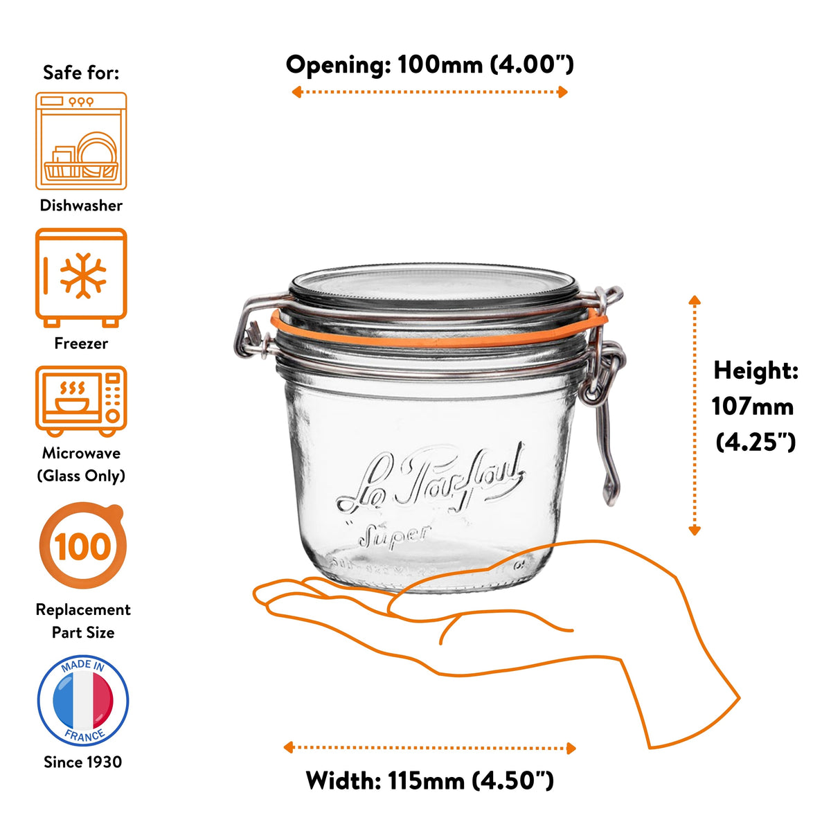 Le Parfait Super Terrine 500ml size guide: 100mm opening, 107mm height, 115mm width; dishwasher/freezer/microwave safe; size-100 replacement.
