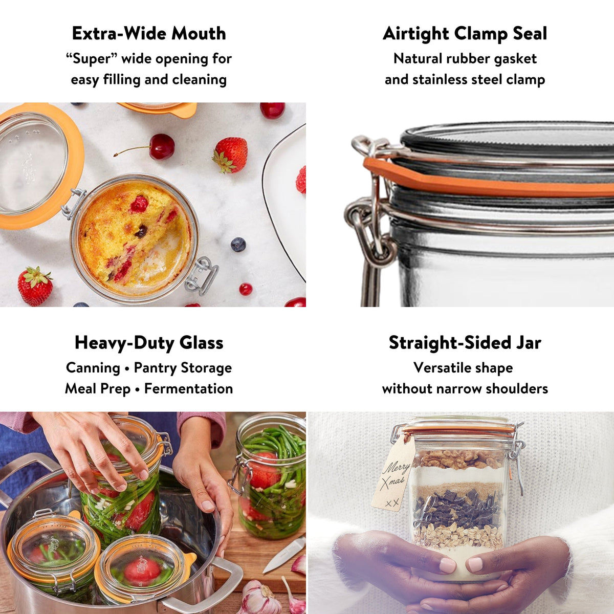 Le Parfait Super Terrines feature card - extra-wide mouth, airtight rubber gasket, stainless clamp, heavy-duty glass, straight-sided shape.
