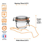 Le Parfait Super Terrine 125ml size guide: 70mm opening, 73mm height, 85mm width; dishwasher/freezer/microwave safe; size-70 replacement.