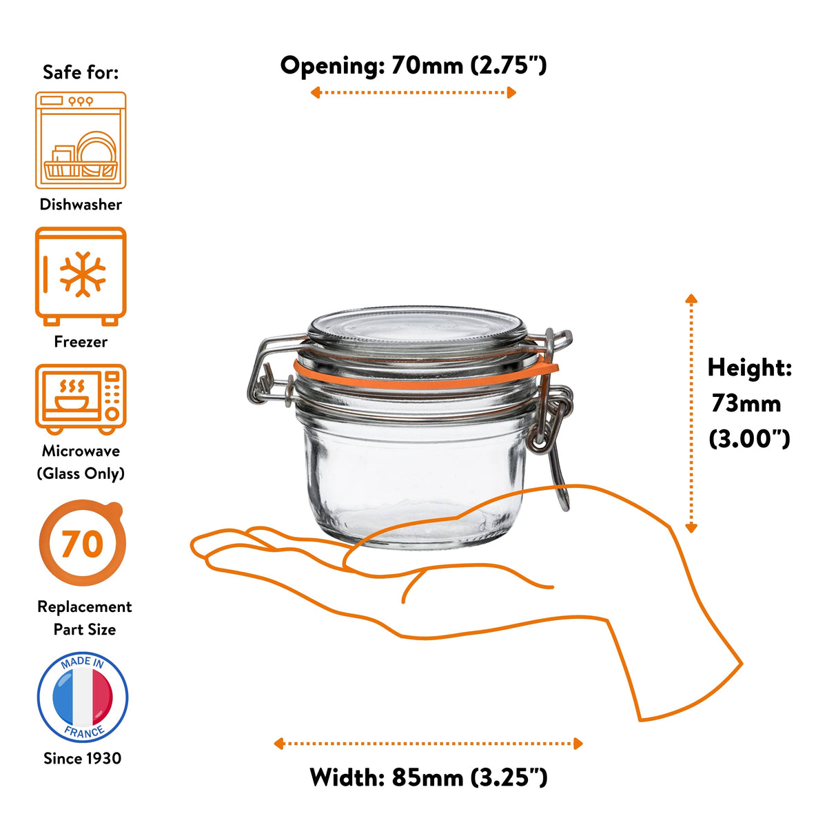 Le Parfait Super Terrine 125ml size guide: 70mm opening, 73mm height, 85mm width; dishwasher/freezer/microwave safe; size-70 replacement.