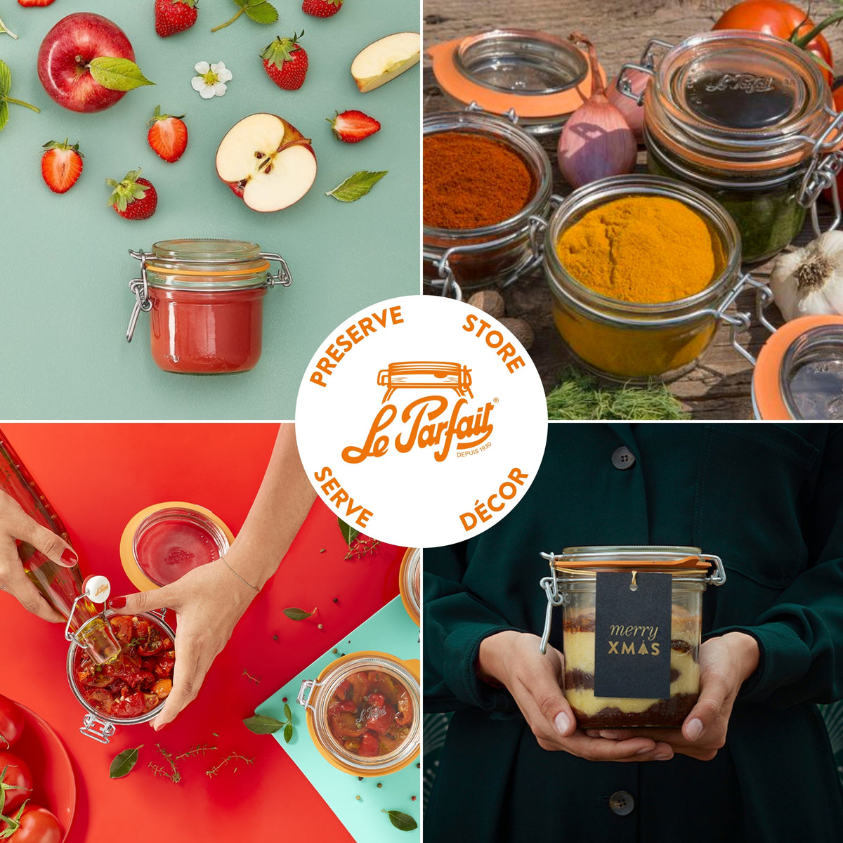 Le Parfait Super Terrines Preserve/Store/Serve/Décor collage - strawberry coulis, spice storage, tomato compote, holiday gift terrine.
