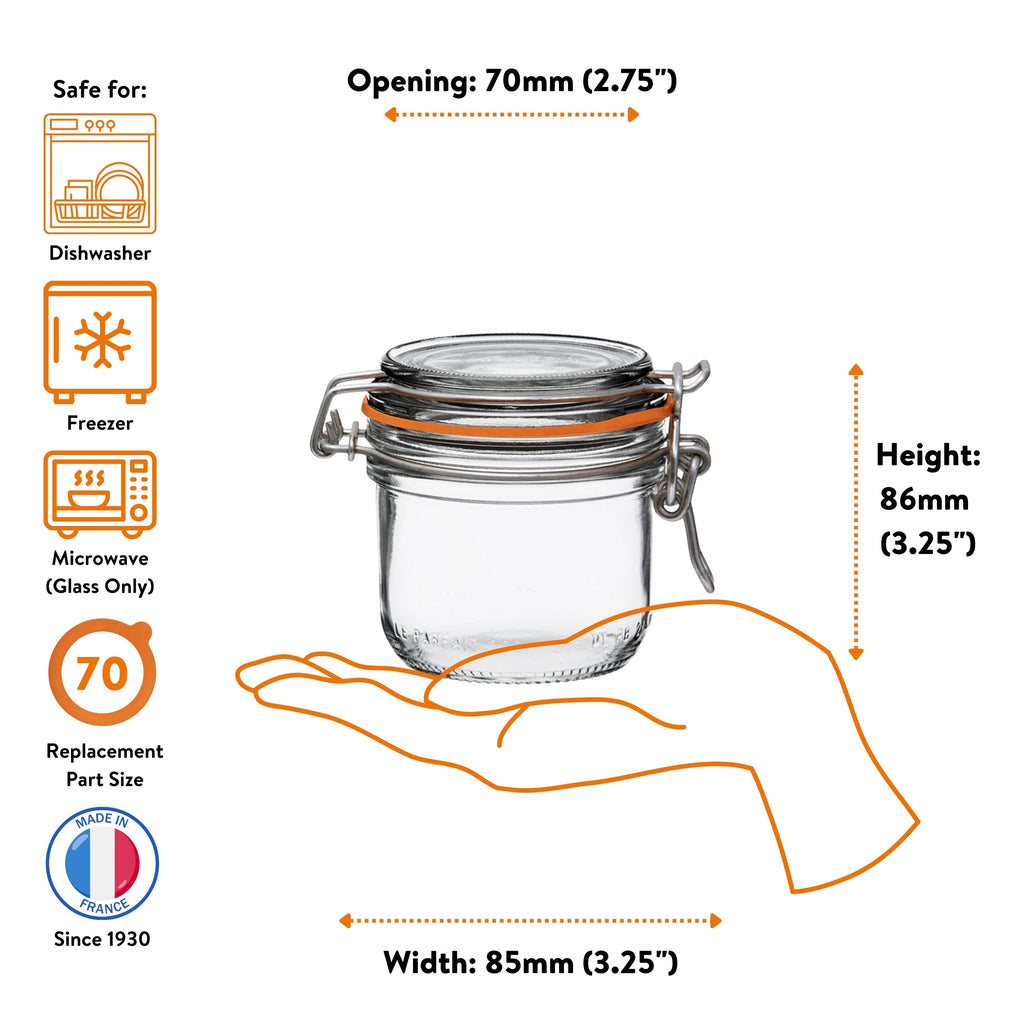 Le Parfait Super Terrine 200ml size guide: 70mm opening, 86mm height, 85mm width; dishwasher/freezer/microwave safe; size-70 replacement.
