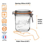 Le Parfait Super Terrine 750ml size guide: 100mm opening, 137mm height, 115mm width; dishwasher/freezer/microwave safe; size-100 replacement.