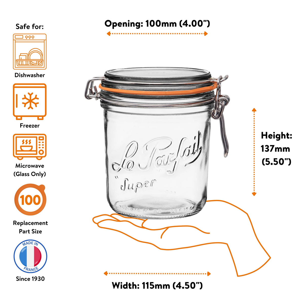Le Parfait Super Terrine 750ml size guide: 100mm opening, 137mm height, 115mm width; dishwasher/freezer/microwave safe; size-100 replacement.