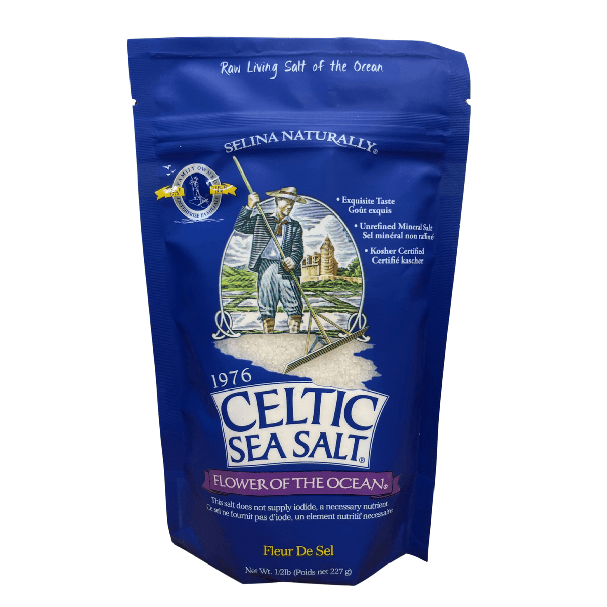 Celtic Sea Salt Flower of the Ocean Fleur de Sel in a 1 lb blue Selina Naturally pouch.