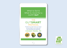 Load image into Gallery viewer, Tablet preview of 'What to Eat &amp; What to Avoid for a Happy Gut' PDF from The GutSMART Protocol.