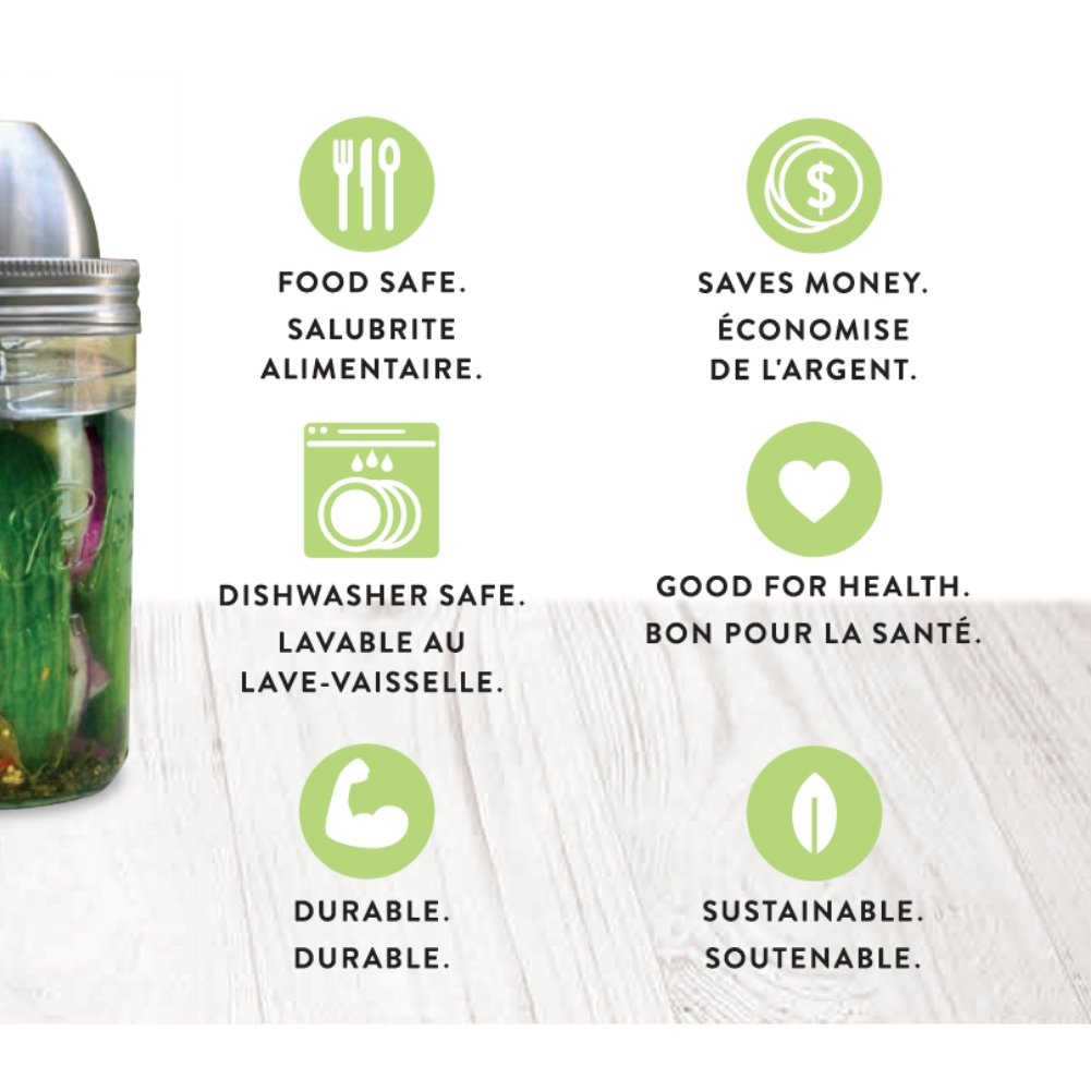 ChouAmi 'How It Works' diagram - labeled cross-section showing cap, spring, water moat, press, and jar holding asparagus and carrots.