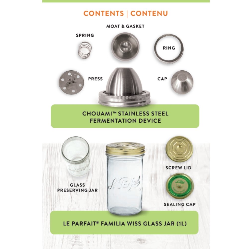 ChouAmi stainless steel fermentation device installed on a Le Parfait Familia Wiss jar, top-down view.