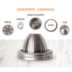 ChouAmi Solo contents diagram - press, spring, moat & gasket, ring, and cap for the stainless steel fermentation device.