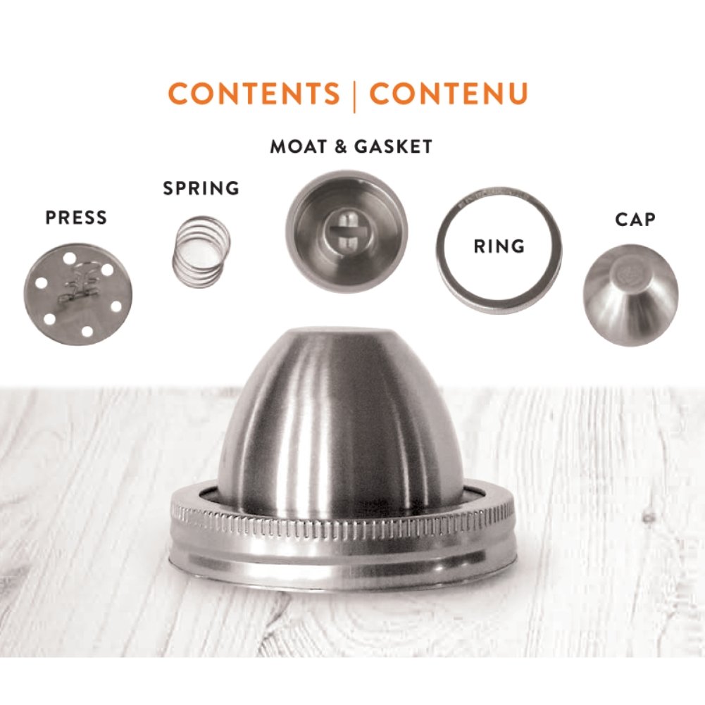 ChouAmi Solo contents diagram - press, spring, moat & gasket, ring, and cap for the stainless steel fermentation device.