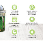 ChouAmi Solo benefits icons - Food Safe, Saves Money, Dishwasher Safe, Good for Health, Durable, and Sustainable, in English and French.