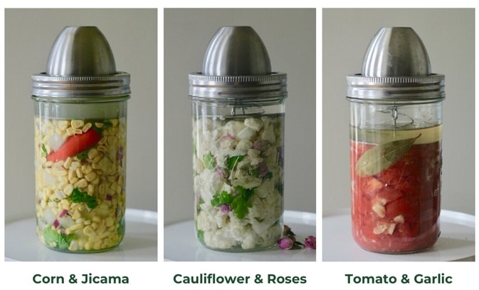 ChouAmi Solo fermentation recipes - three Le Parfait Familia Wiss jars with corn & jicama, cauliflower & roses, and tomato & garlic.