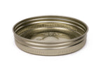 Single gold Le Parfait Familia Wiss metal screw lid in 110mm size - side profile on white.