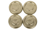 Four gold Le Parfait Familia Wiss metal screw lids in 110mm size, top-down on white.
