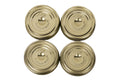 Four single gold Le Parfait Familia Wiss metal screw lids in 100mm size, top-down on white.