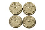 Four single gold Le Parfait Familia Wiss metal screw lids in 100mm size, top-down on white.