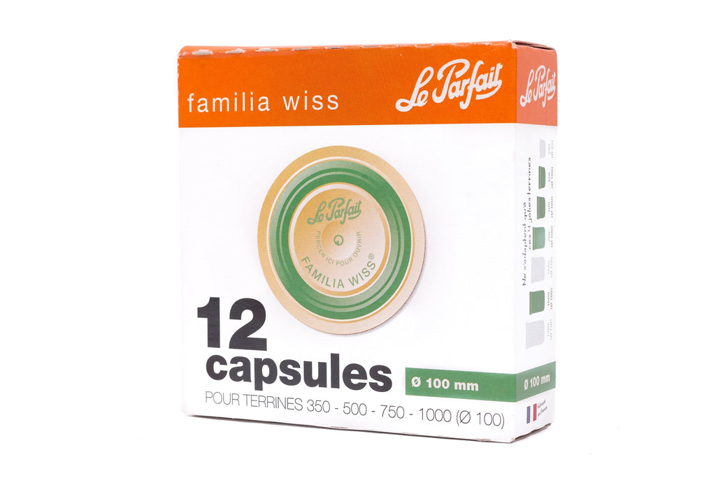 Le Parfait Familia Wiss 12-capsules retail box in 100mm size - for terrines 350, 500, 750, and 1000ml.