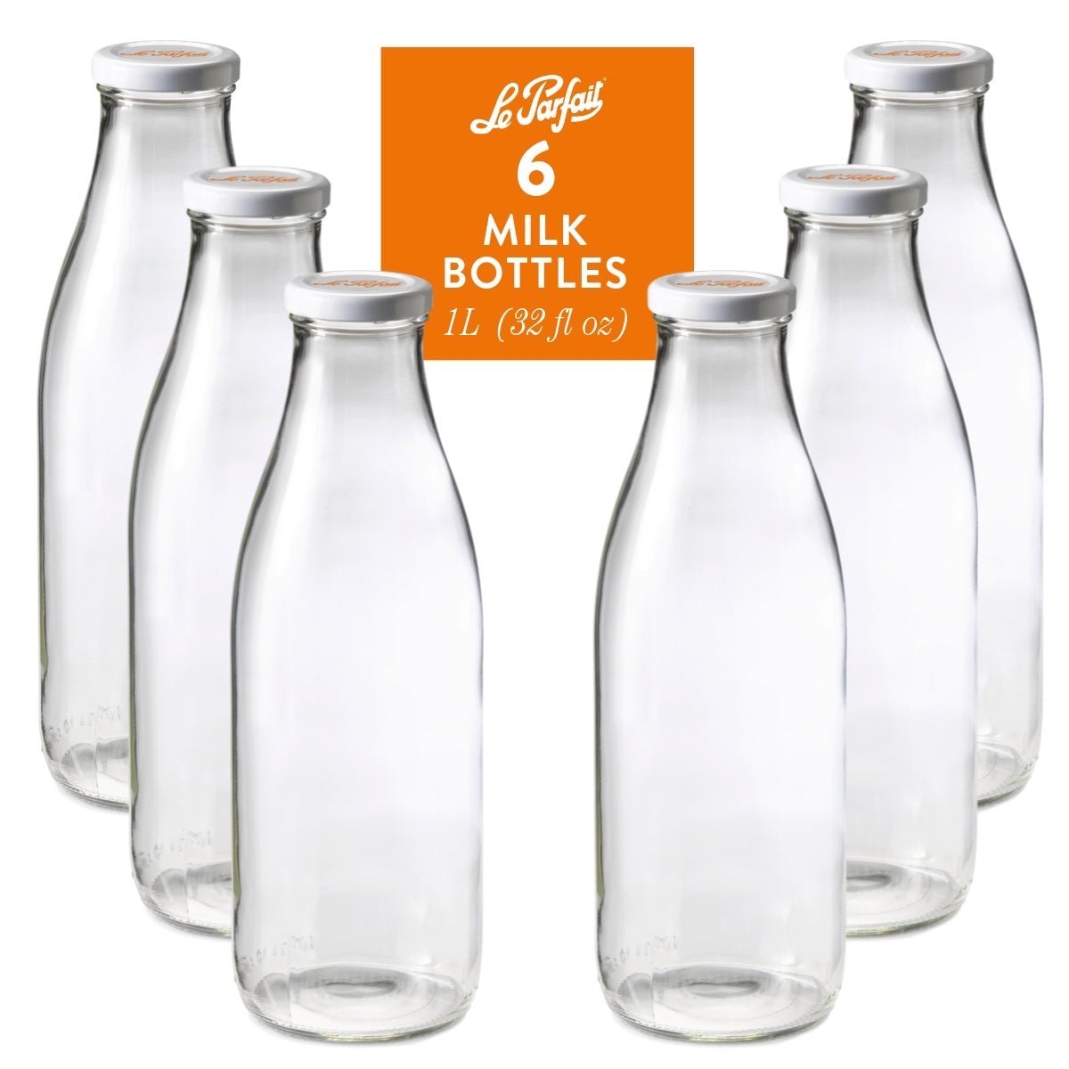 6-pack of Le Parfait Milk Bottles 1L (32 fl oz) with white twist-off metal caps.
