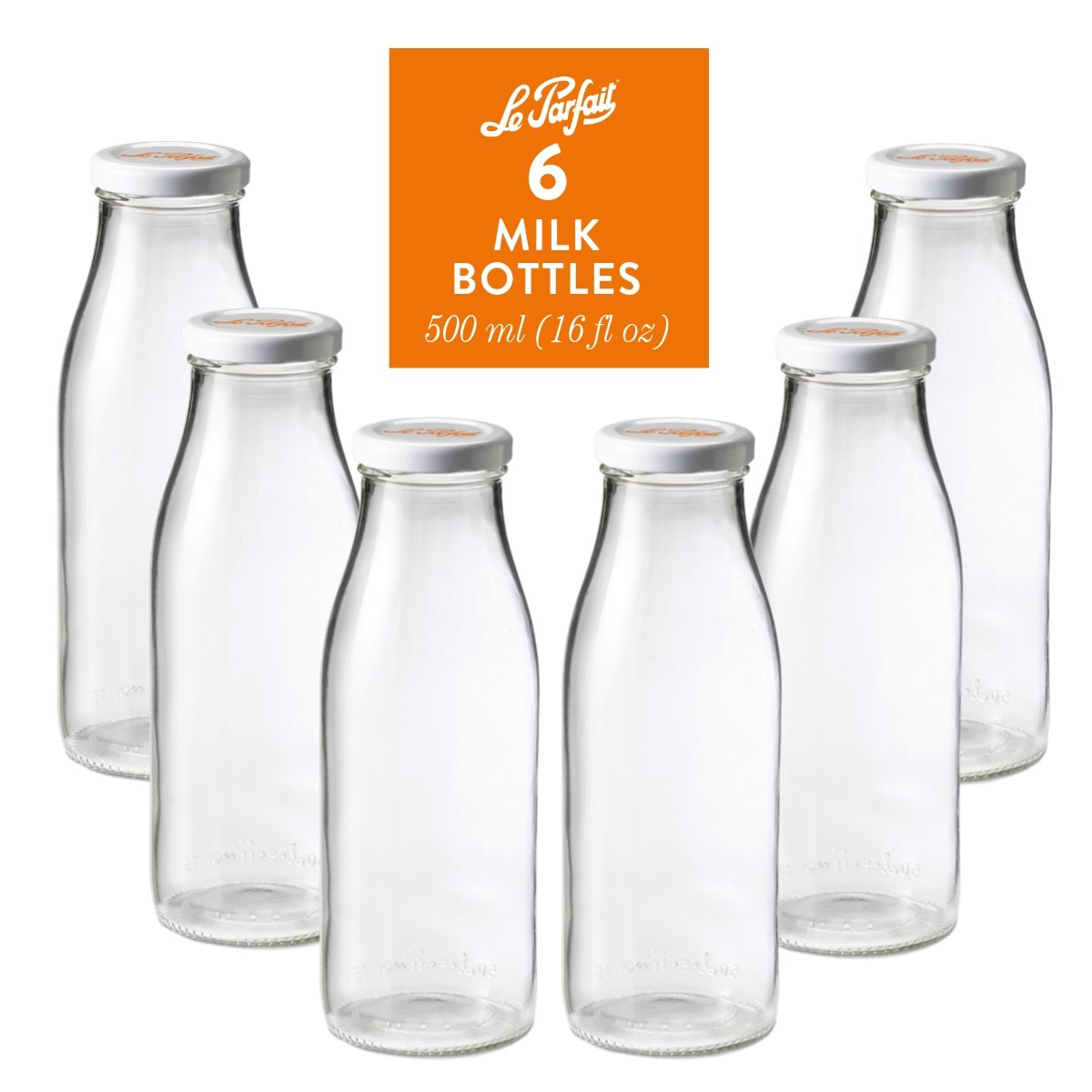 6-pack of Le Parfait Milk Bottles 500ml (16 fl oz) with white twist-off metal caps.