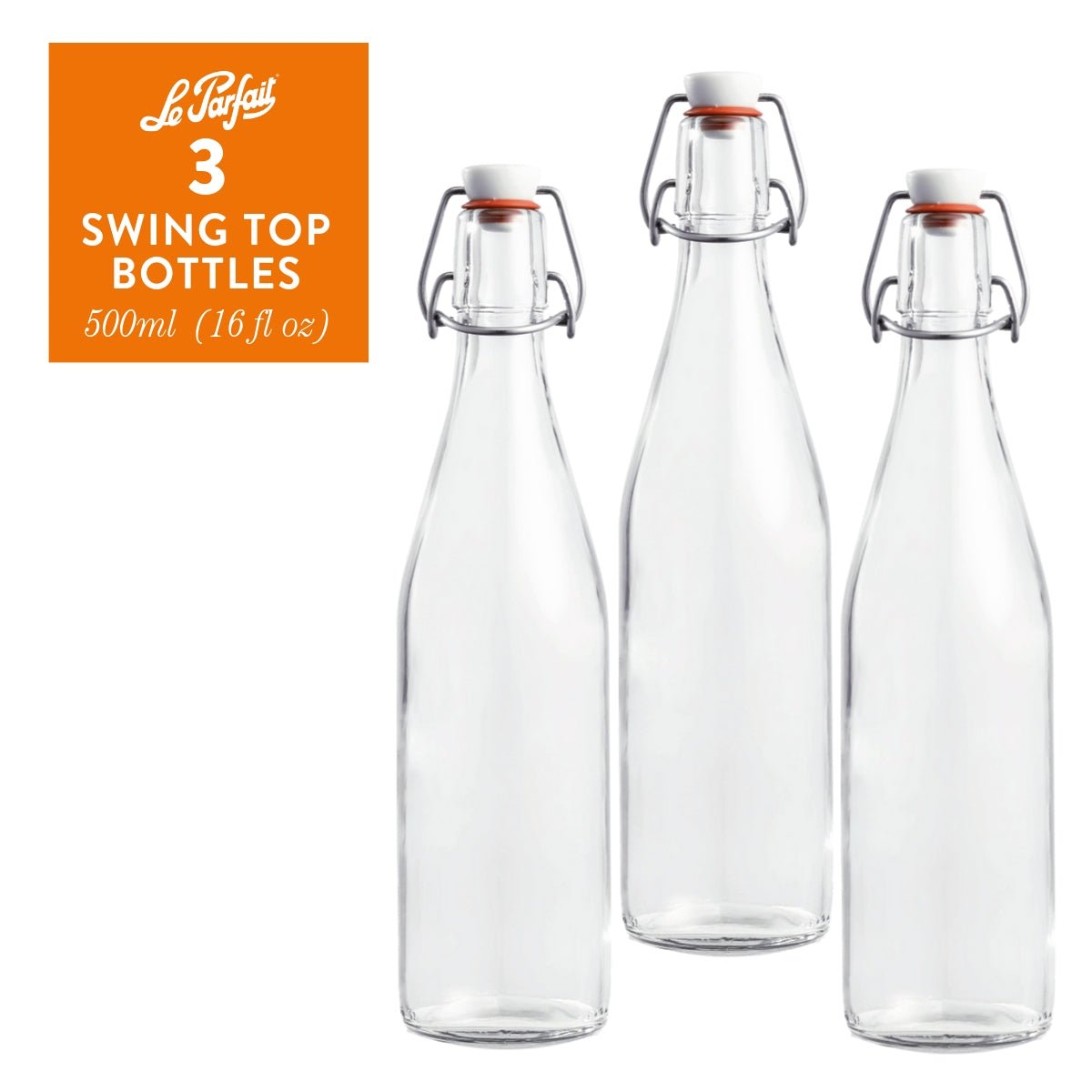 3-pack of Le Parfait Swing Top Bottles 500ml (16 fl oz) with white plastic stopper and stainless wire bail.