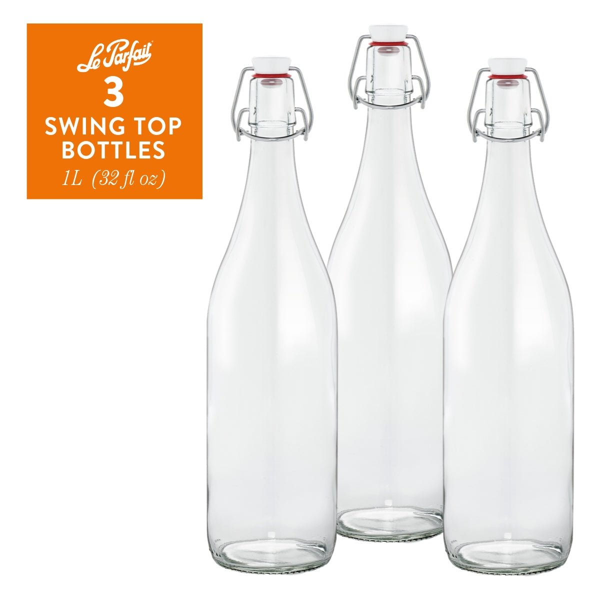 3-pack of Le Parfait Swing Top Bottles 1L (32 fl oz) with white plastic stopper and stainless wire bail.