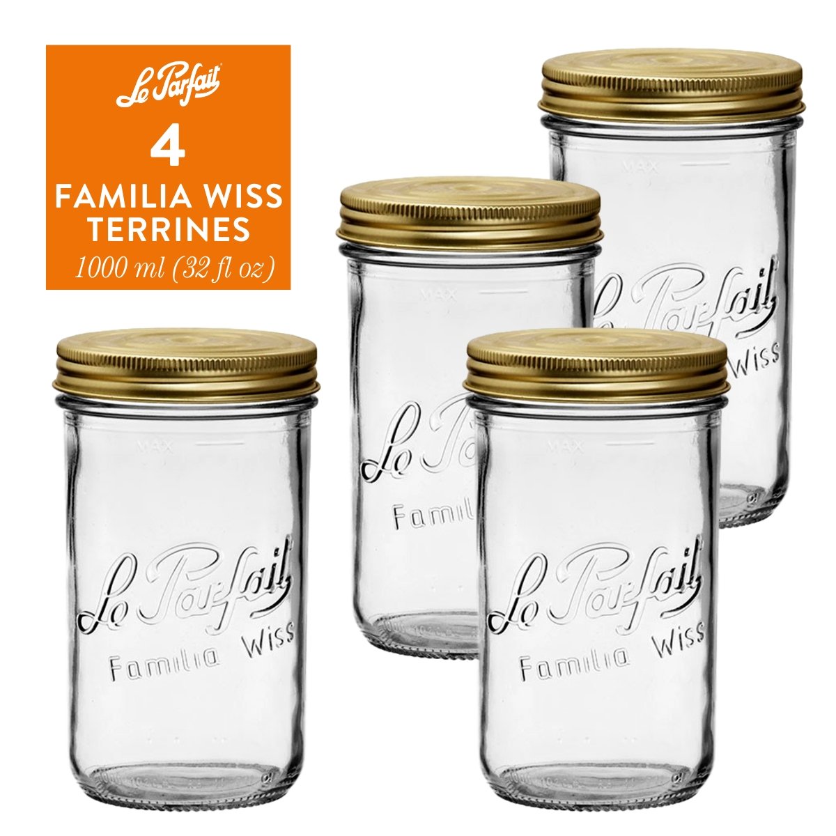 4-pack of Le Parfait Familia Wiss Terrines 1000ml (32 fl oz) with gold sealing-cap and screw-band lids.