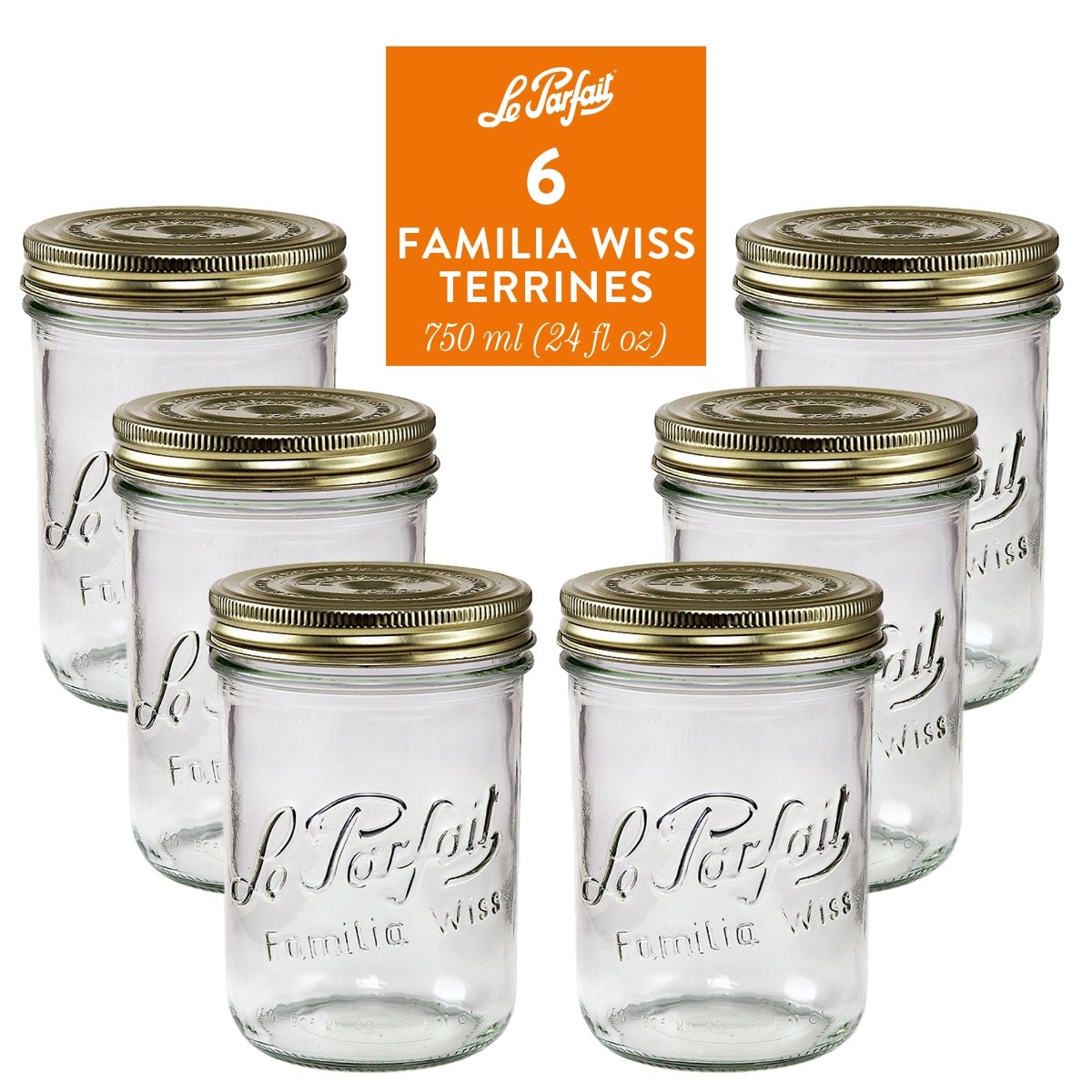 6-pack of Le Parfait Familia Wiss Terrines 750ml (24 fl oz) with gold sealing-cap and screw-band lids.