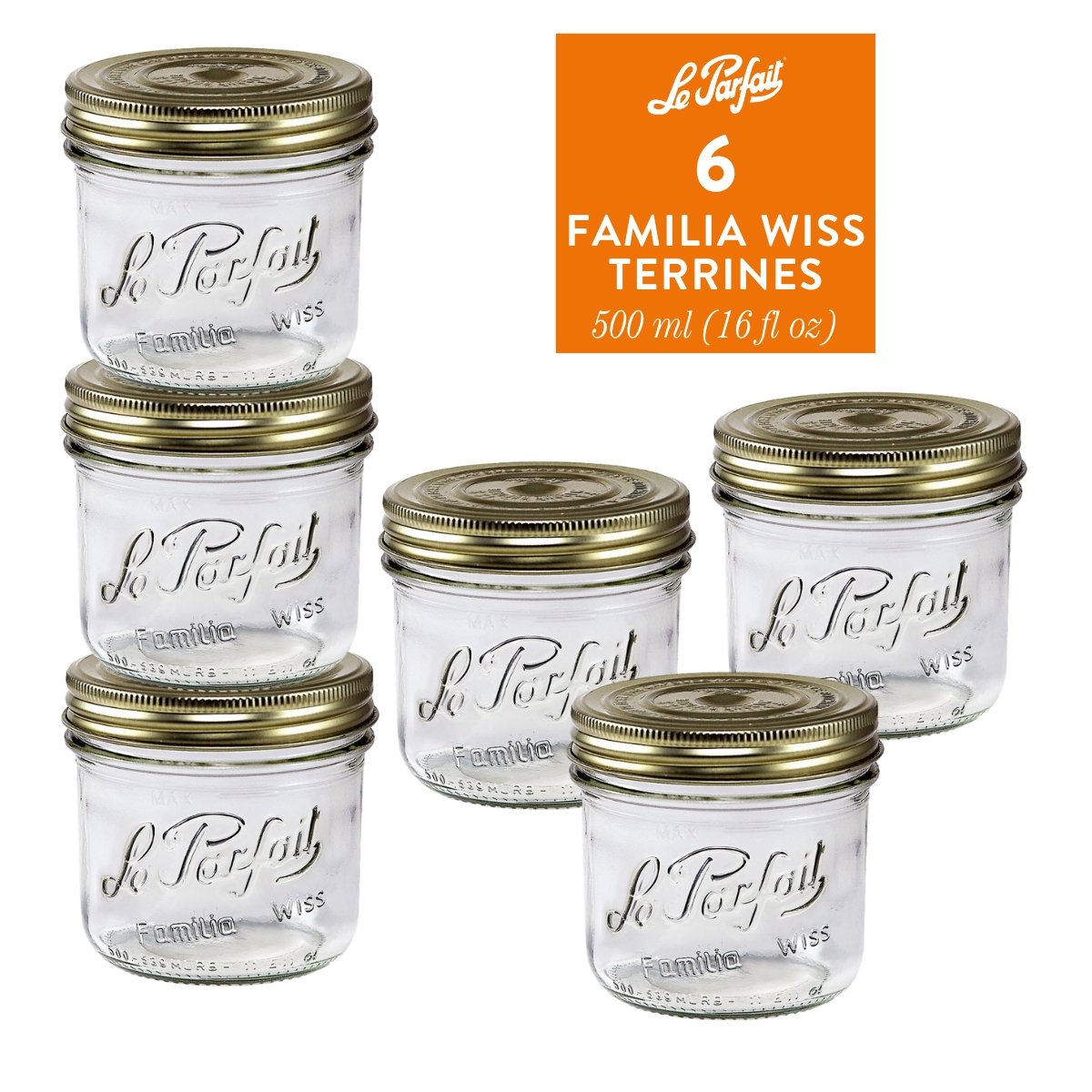 6-pack of Le Parfait Familia Wiss Terrines 500ml (16 fl oz) with gold sealing-cap and screw-band lids.