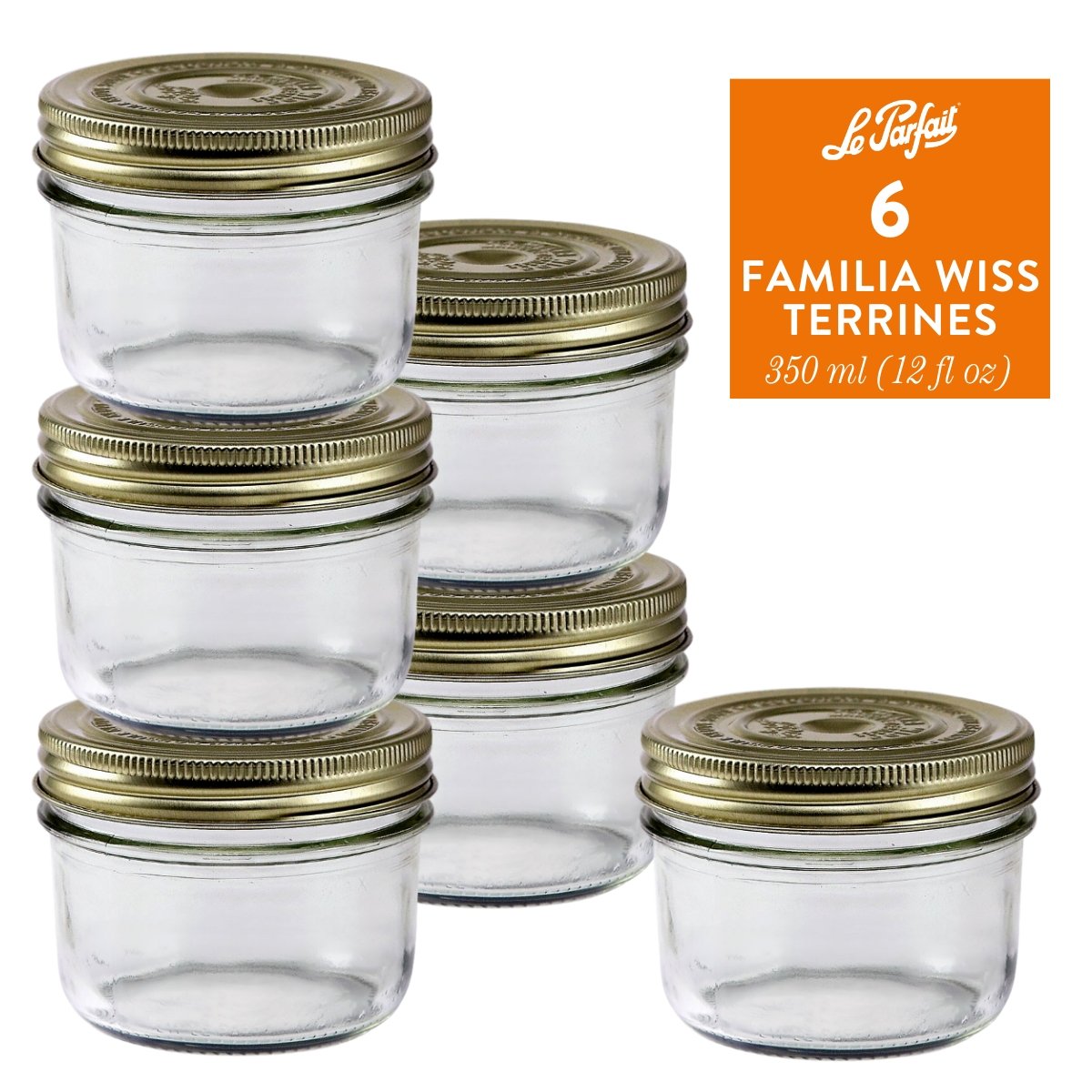 6-pack of Le Parfait Familia Wiss Terrines 350ml (12 fl oz) with gold sealing-cap and screw-band lids.