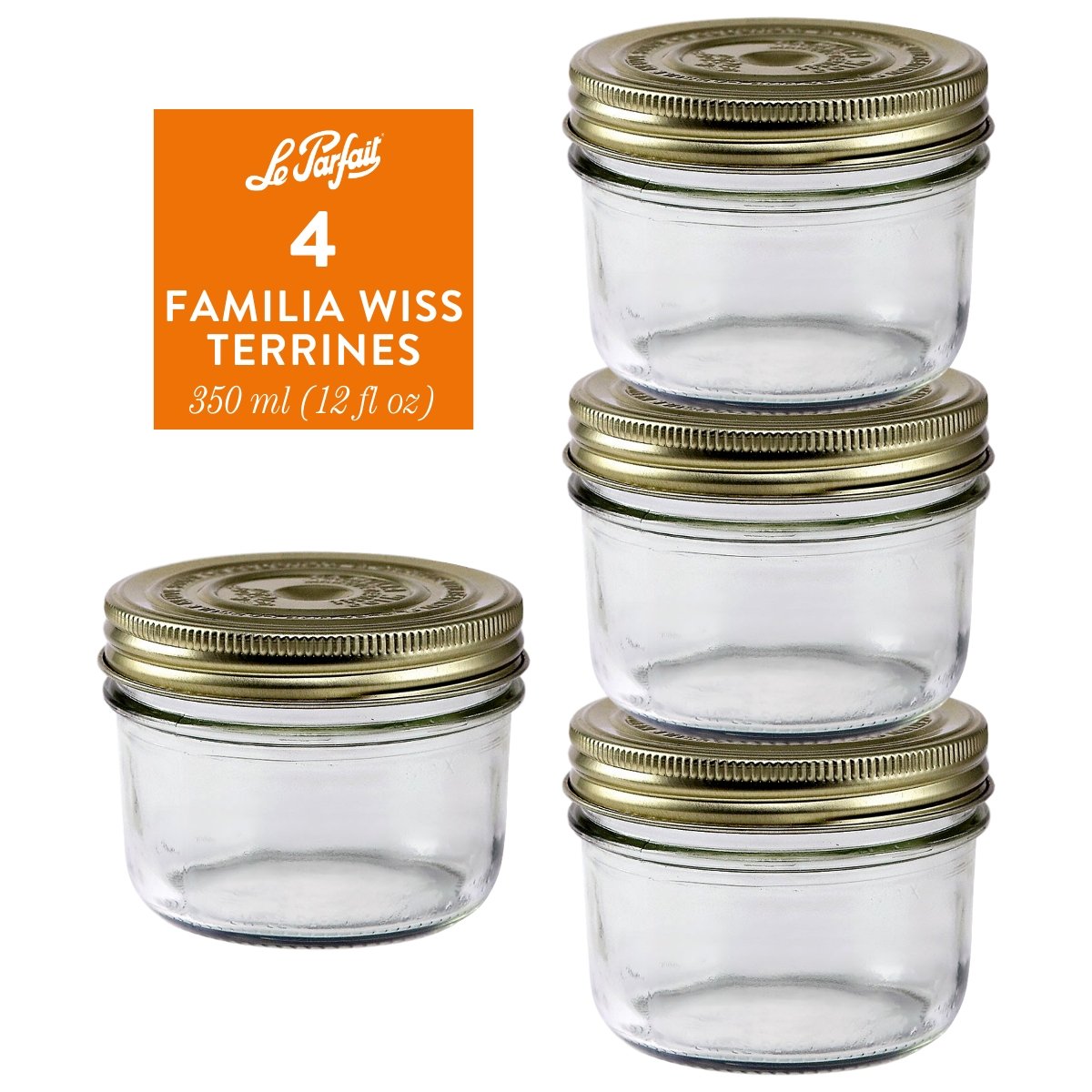 4-pack of Le Parfait Familia Wiss Terrines 350ml (12 fl oz) with gold sealing-cap and screw-band lids.