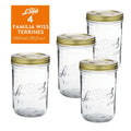 4-pack of Le Parfait Familia Wiss Terrines 1000ml (32 fl oz) - wider-mouth variant - with gold sealing-cap and screw-band lids.