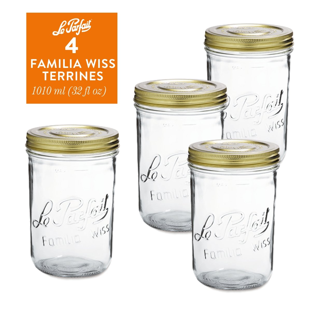 4-pack of Le Parfait Familia Wiss Terrines 1000ml (32 fl oz) - wider-mouth variant - with gold sealing-cap and screw-band lids.